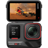 Action camera with open display showing motocross scene and visible front lens