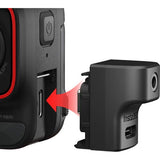 Microphone adapter shown mounted on camera side, dark gray module with connector opening