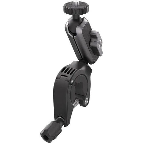 Black handlebar clamp mount with knurled rotation knob and mounting arm