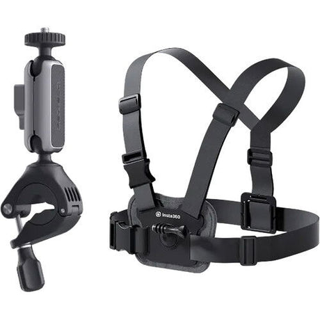 Black camera mount for bike with handlebar clamp and chest strap harness