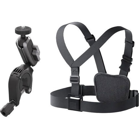 Black chest harness with textured chest pad and two shoulder straps for bike camera