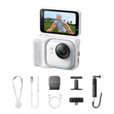 Arctic white 360 action camera with front display and included accessories