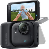 Midnight black 360 action camera with lens and tripod-style base accessory