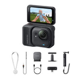 Midnight black action 360 camera with open screen showing video preview