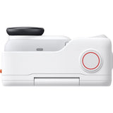 Arctic white 360 action camera side with red-ring dial and lens housing