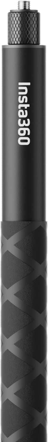 Selfie stick base close-up, black 114cm pole with textured pattern grip