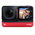 ONE RS action camera with front lens and touchscreen, red/black body