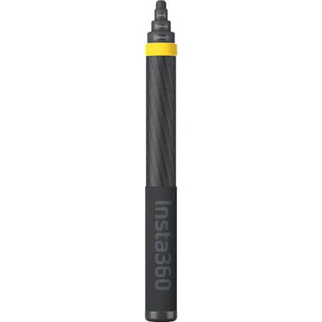 Telescopic selfie stick, dark carbon-fiber style with yellow band and top mount
