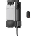 Foldable selfie stick with 1/4" mount and clip-on remote button, gray strap