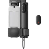 Foldable selfie stick with 1/4" mount and clip-on remote button, gray strap