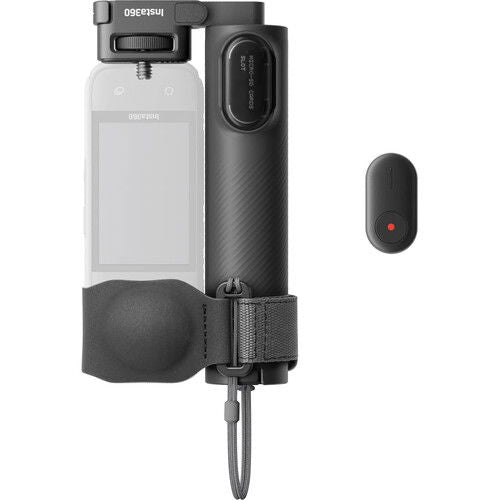 Foldable selfie stick with 1/4" mount and clip-on remote button, gray strap
