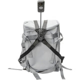 Backpack with gray dual-strap mount and adjustable chest harness panel