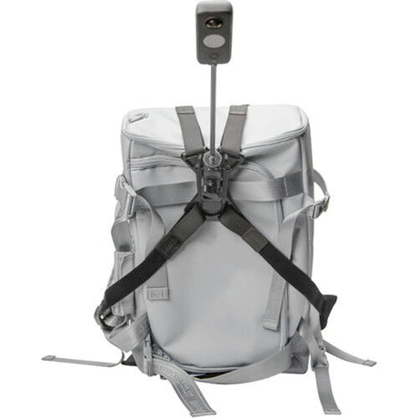 Backpack with gray dual-strap mount and adjustable chest harness panel