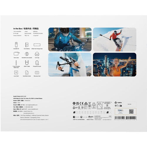Panel posterior de la caja con especificaciones, batería y etiquetas del kit