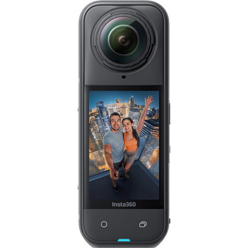 Insta360 X5 360 action camera, front view with circular lens and status display