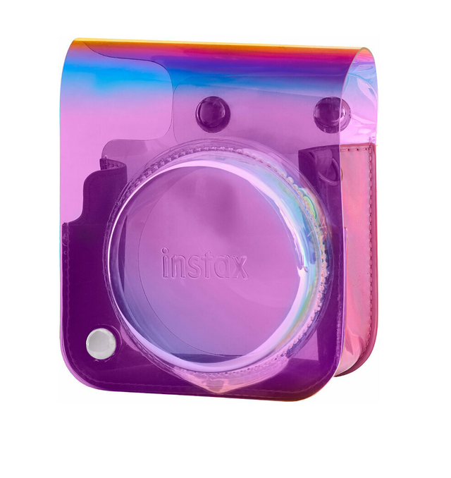 Husă Instax mini 12 iridescentă, față mov cu decupaj pentru lentilă și butoane rotunde