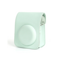 Light green camera case with round front cutout and stitched edges