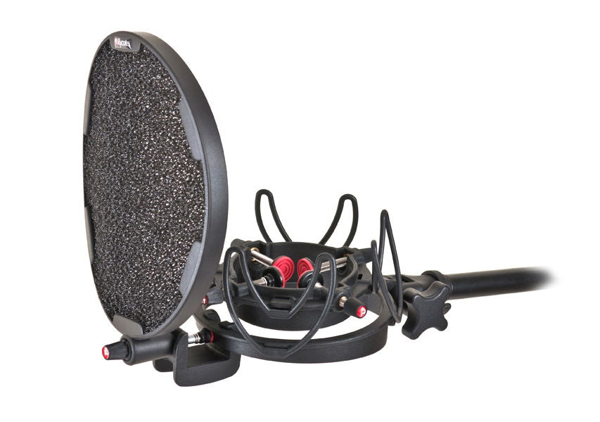 Suspensie universală cu filtru pop pentru microfon studio, ansamblu negru și roșu
