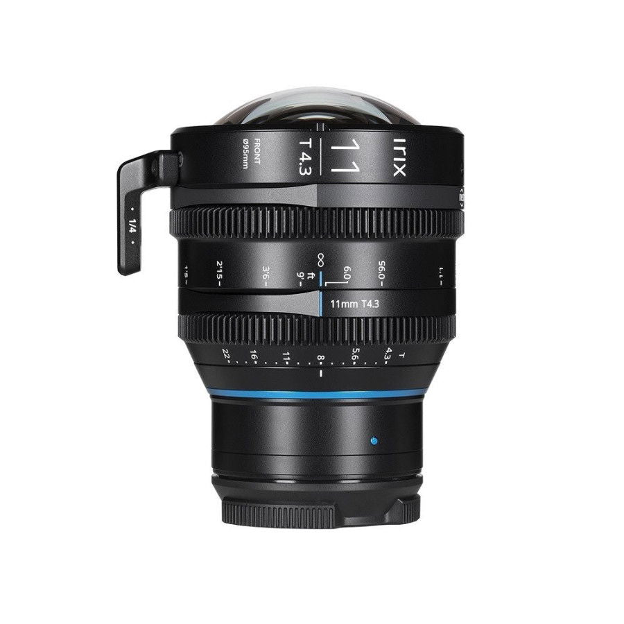 Front view of black 11mm T4.3 cine lens showing aperture markings and blue line