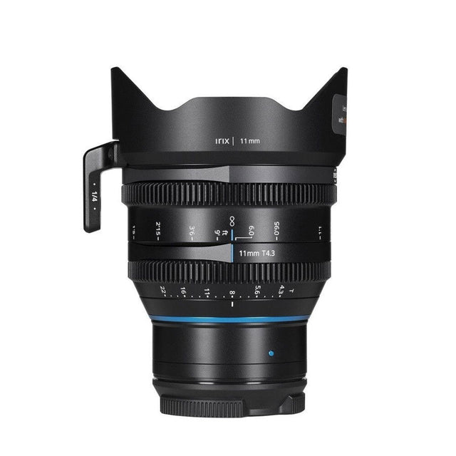 Black 11mm T4.3 cine lens with focus/iris scales and blue accent ring