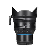 Black 11mm T4.3 cine lens for Sony E, straight-on view with focus and aperture scales