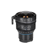 Black 11mm T4.3 cine lens for Sony E, angled view with depth scale and front glass