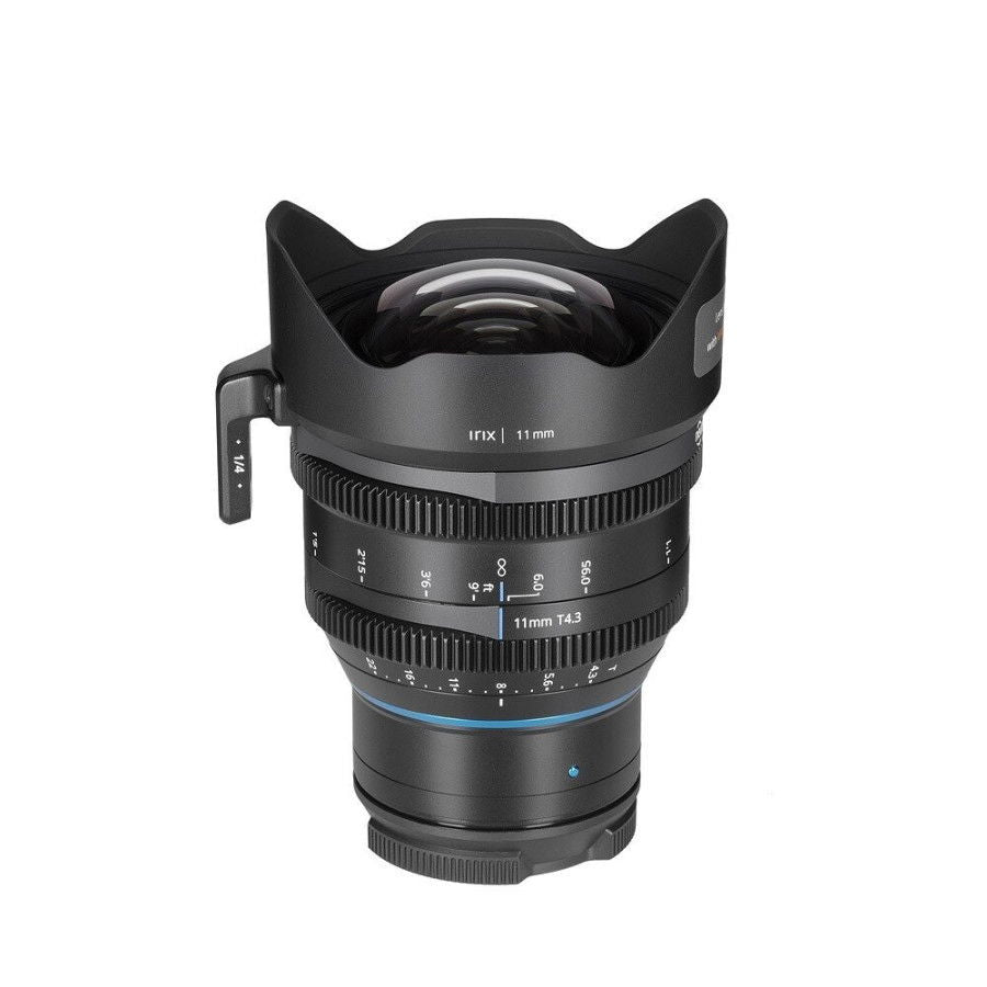 Irix 11mm T4.3 cine lens, front glass and hooded lens profile with scale details