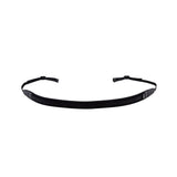 Black camera neck strap laid flat, padded center and adjustable end clips visible