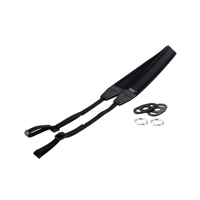 Black camera neck strap with adjustable ends and buckle, plus metal rings and clips