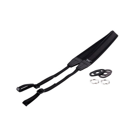 Black camera neck strap with adjustable ends and buckle, plus metal rings and clips