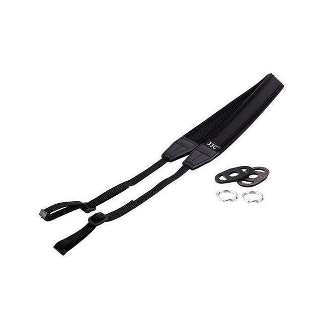 Black camera neck strap with adjustable ends and buckle, plus metal rings and clips