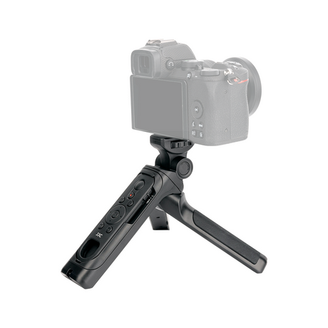 Black wireless camera grip with remote controller mounted on camera