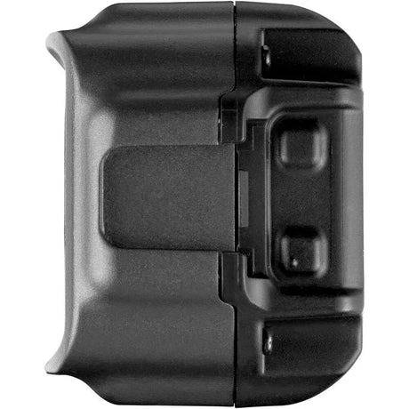 Mini LED video light side view with built-in bracket and power port details, black