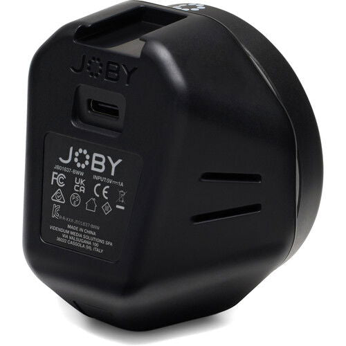 Inel LED bicolor Joby Beamo, vedere spate, port USB și etichete de certificare.