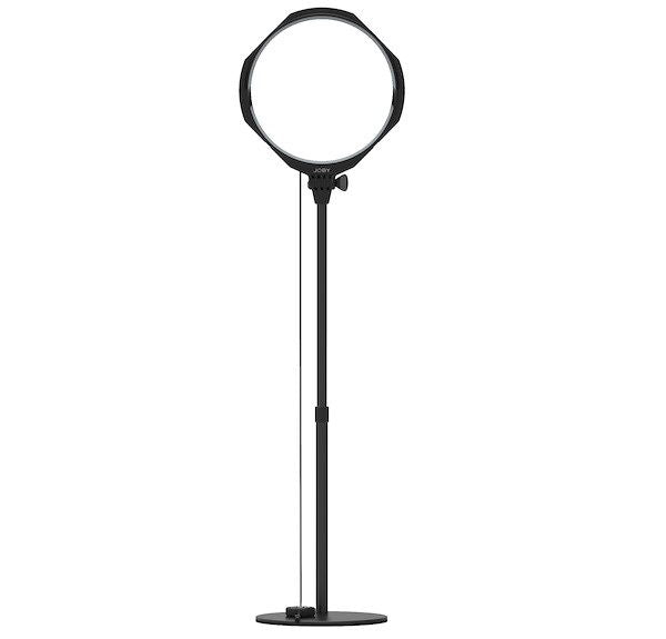 Black LED bicolor light on slim stand with circular diffuser head, front view
