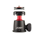 Camera ball head top with threaded mount and front clamp lever, black and red