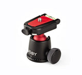 Red-and-black camera ball head with flip lever and side adjustment knob