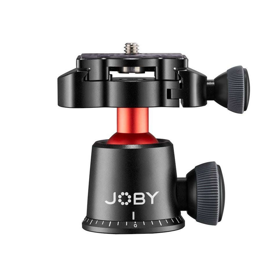 Camera tripod head, black with red center, top mount screw and side adjustment knobs