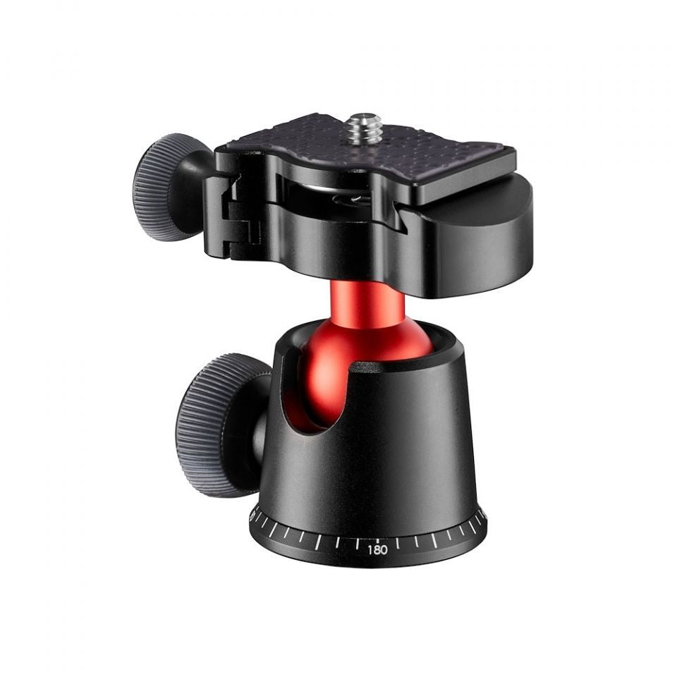 Camera tripod head with red pan base, dual textured adjustment knobs, angled view
