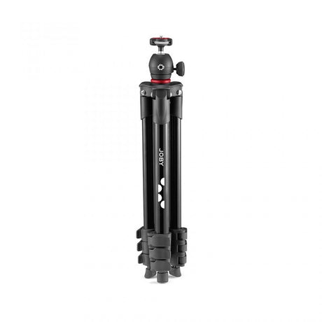 Black compact tripod standing upright with ball head and red adjustment ring