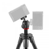 Black compact tripod with smartphone mount and light, close-up on head