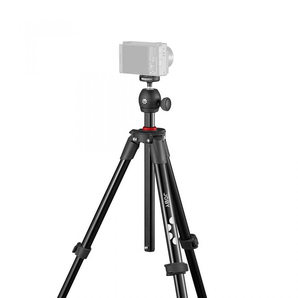 Tripod with smartphone mount and compact head, legs extended in working position