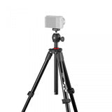 Tripod with smartphone mount and compact head, legs extended in working position