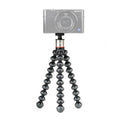 Black flexible mini tripod with camera mount and articulated legs, three-way stance