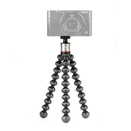 Black flexible mini tripod with camera mount and articulated legs, three-way stance