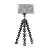 Black flexible mini tripod with camera mount and articulated legs, three-way stance