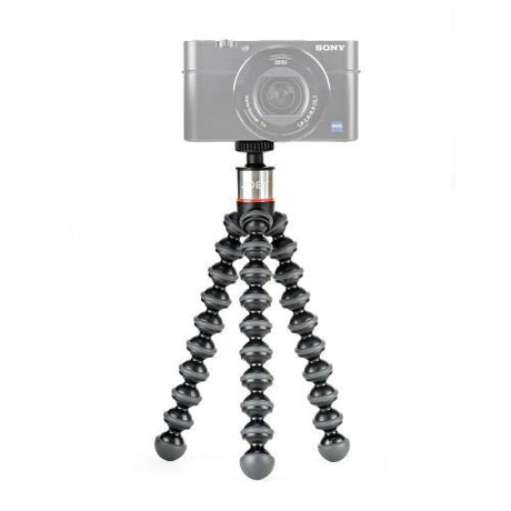 Black flexible mini tripod with camera mount and articulated legs, three-way stance