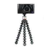 Black flexible mini tripod with camera on top; compact legs in tripod position