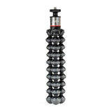 Black flexible mini tripod with camera mount and bendy legs, front view