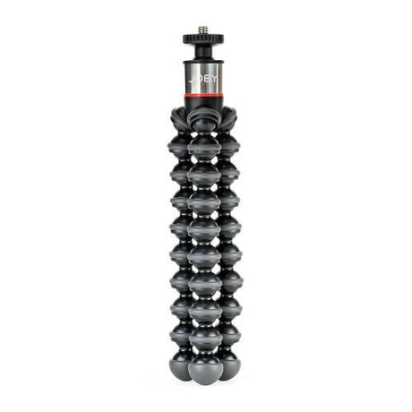 Black flexible mini tripod with camera mount and bendy legs, front view